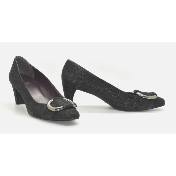 A7 Auth STUART WEITZMAN Black Fabric W/Silver Tone Buckle Detail Pumps Size 6M - Picture 1 of 6